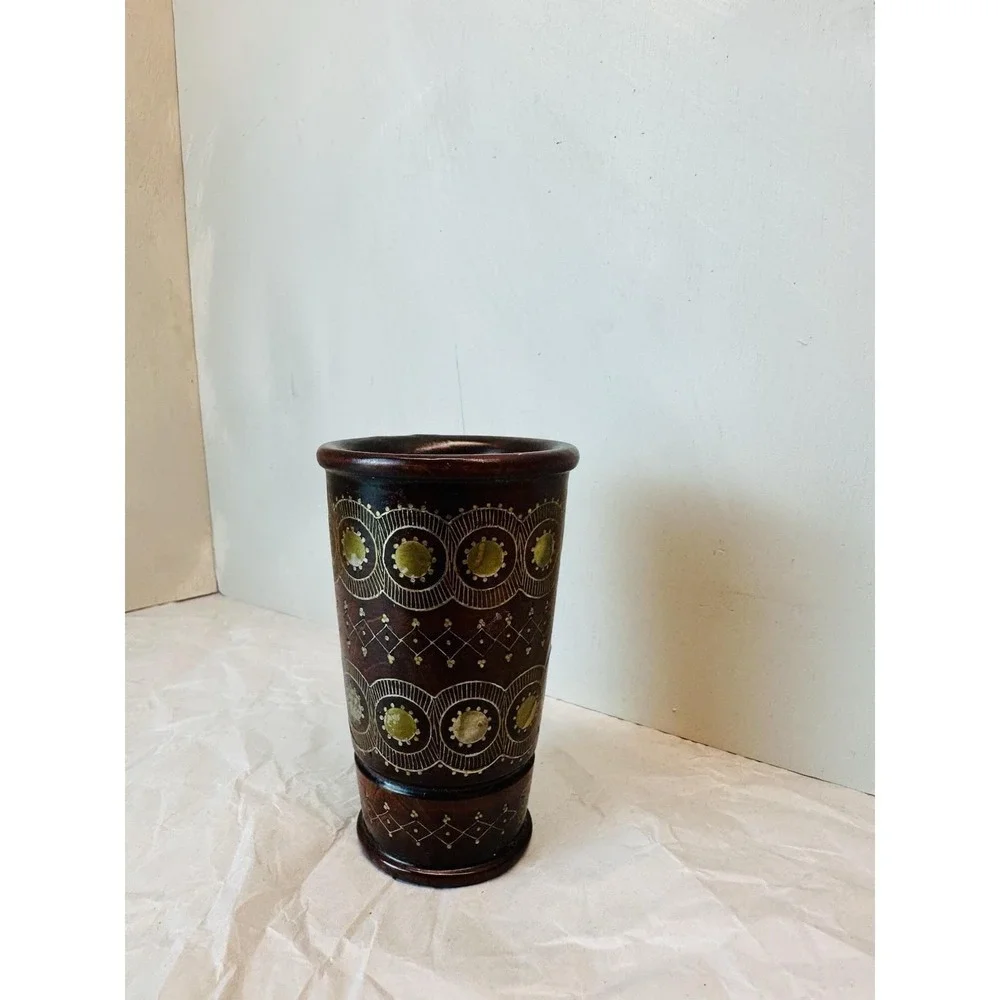 Vintage Soviet-era Russian uskul brass inlay wood pencil cup/vase 4.25
